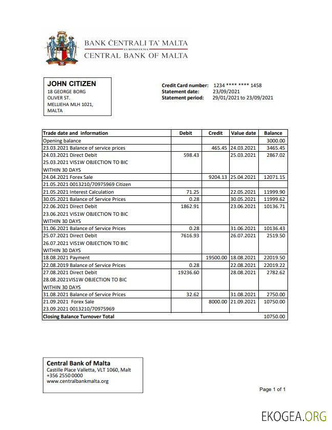 Relevé bancaire de la Banque centrale de Malte de Malte, modèle facile à remplir au format Excel et PDF